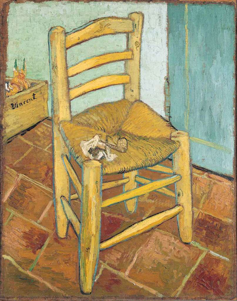 London National Gallery Top 20 20 Vincent Van Gogh - Van Goghs Chair Vincent van Gogh - Van Goghs Chair, 1888, 92 x 73 cm. This work was painted while Van Gogh was working in the company of Gauguin at Arles. Van Gogh also painted a companion picture of Gauguin's armchair, now in the Rijksmuseum Vincent Van Gogh in Amsterdam. He described his own painting as a picture of a wooden rush-bottomed chair with a pipe and tobacco pouch. Van Goghs Chair is a simple rustic seat of natural materials, seen by daylight in Japanese perspective with sprouting bulbs behind it suggesting natural growth.